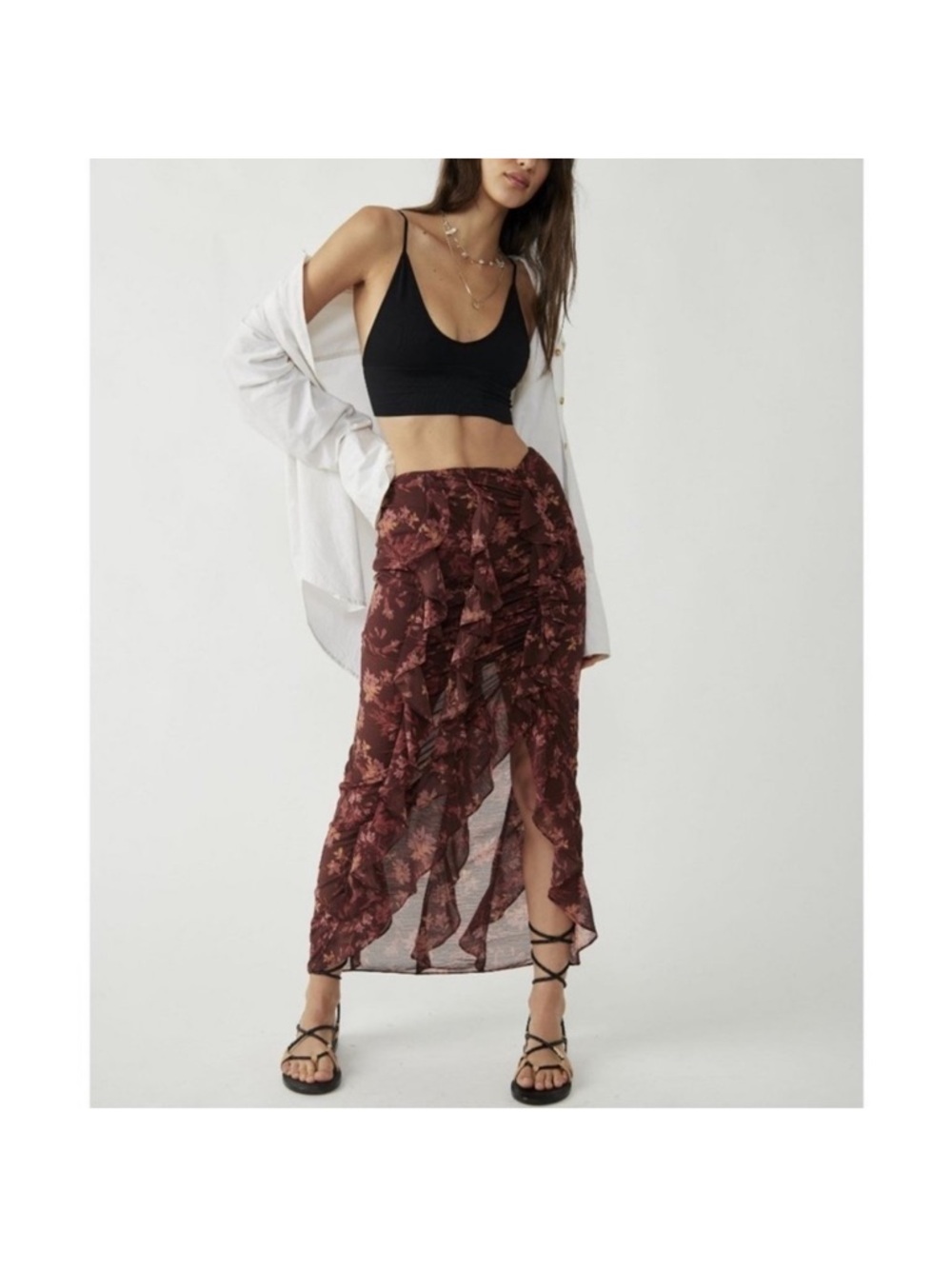 NWT Free People Floral Flounce Around Ruffle Midi Skirt in Brown Motif SZ 2